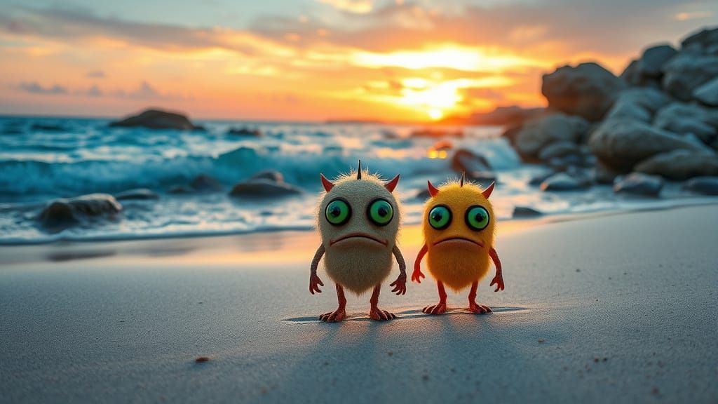 Sad Beach Monsters with Green Eyes at Sunset