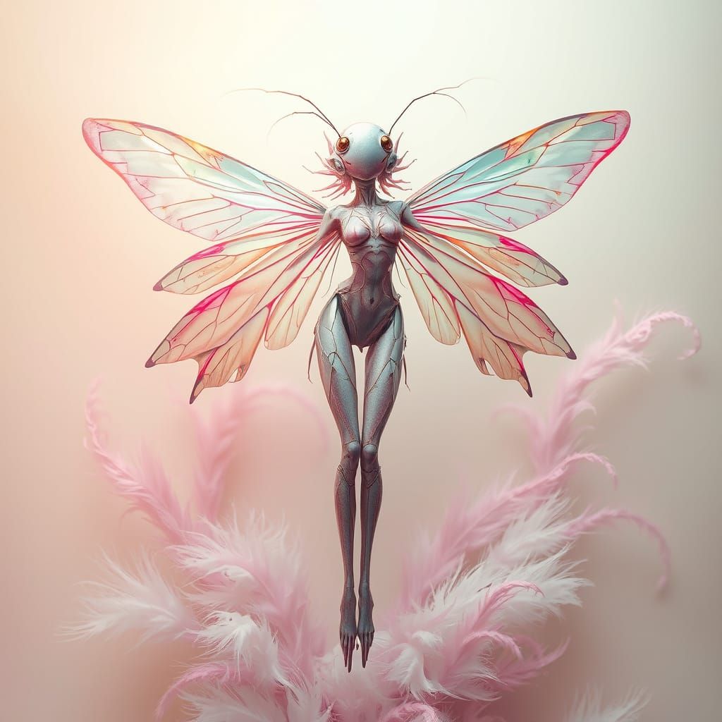 Whimsical Fairy with Iridescent Wings and Geometrical Shapes