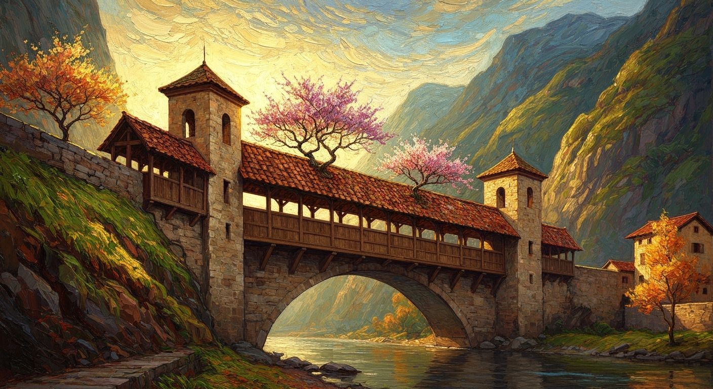 Nostalgic Romantic Impasto Oil Painting of an Old Stone Brid...