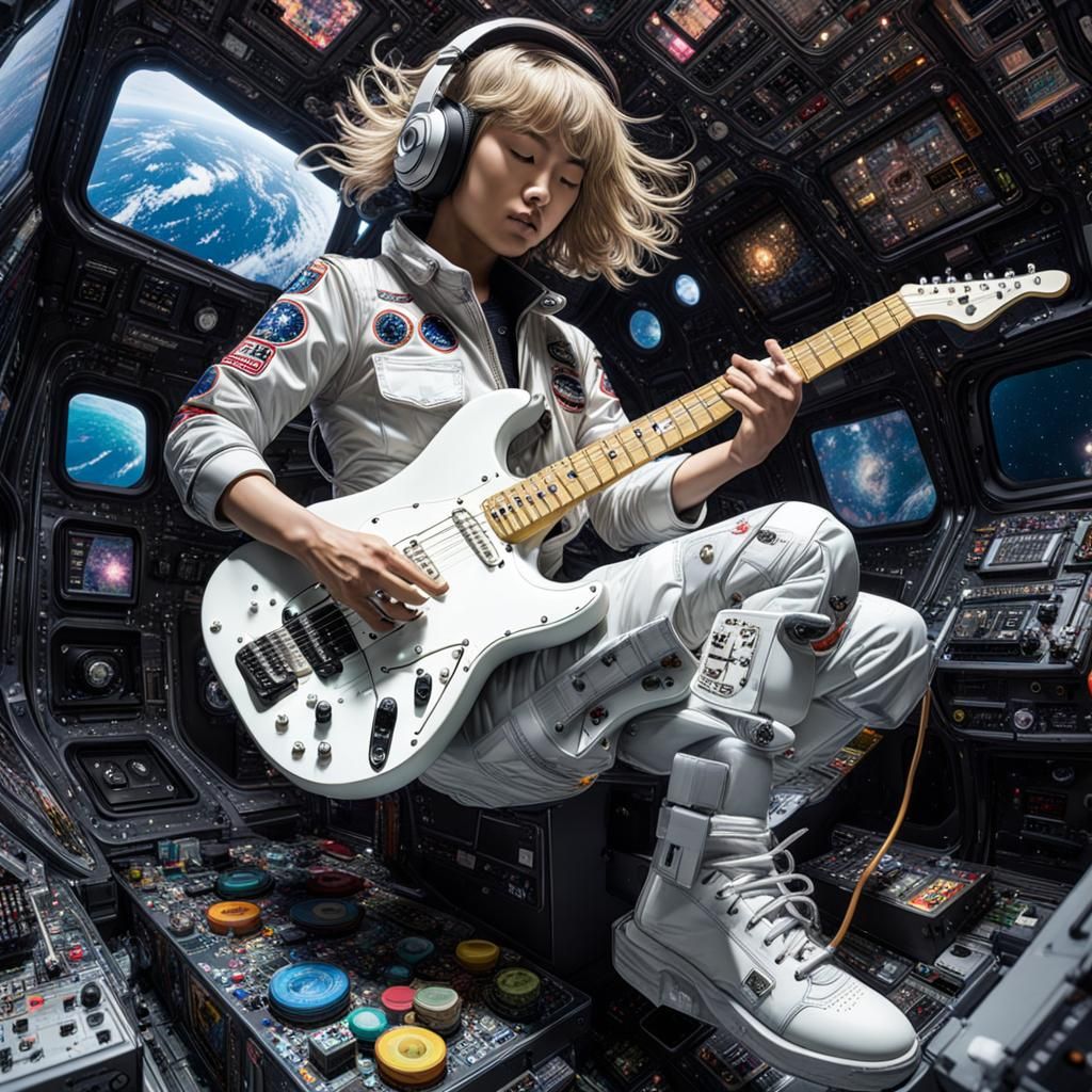 Maximalist ((Free Floating action in cockpit)) a astronault playing electric guitar_with objects floating in slow motio...