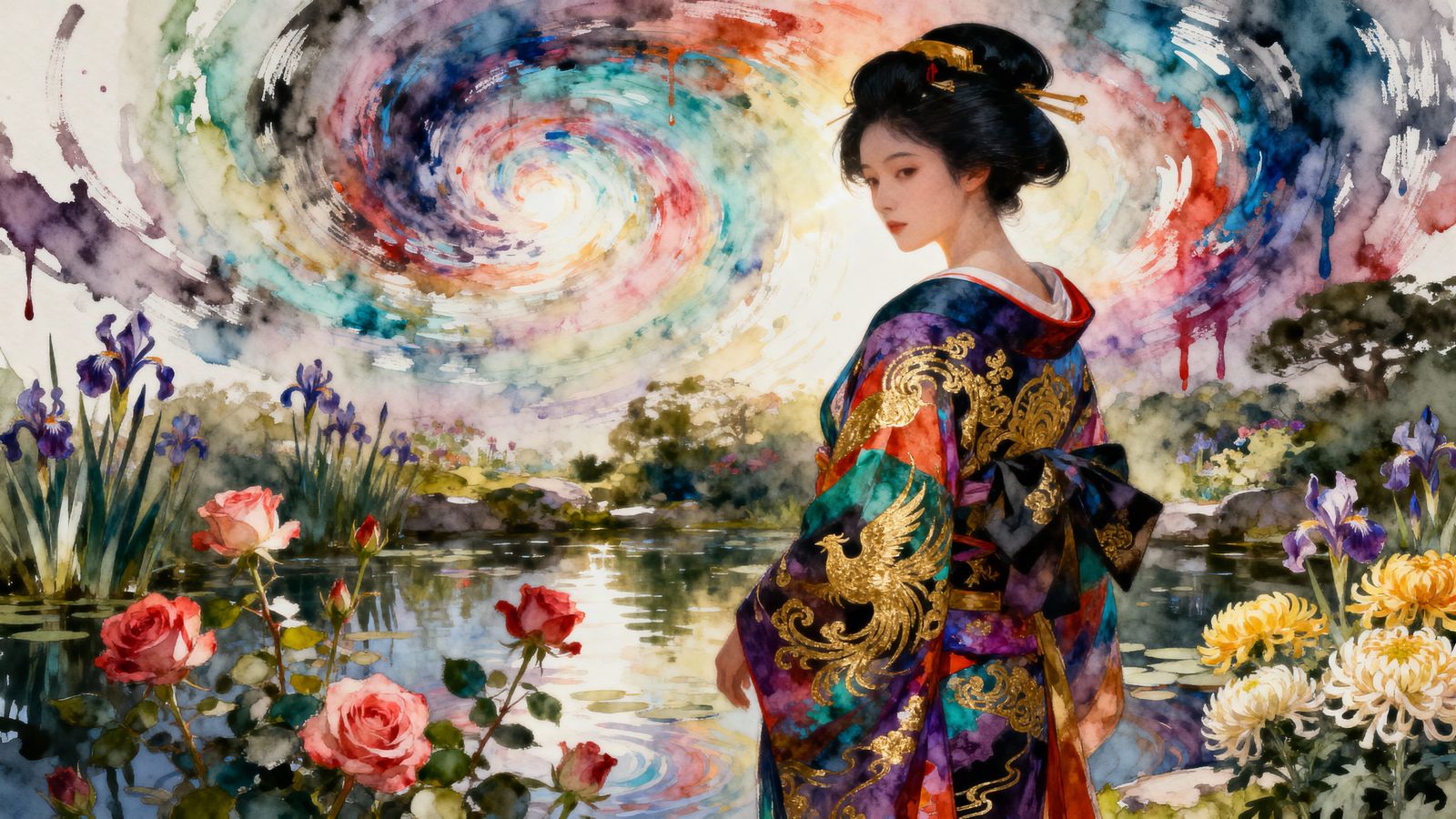 Dark Fantasy Geisha Beside Rose Pond in Watercolour Style