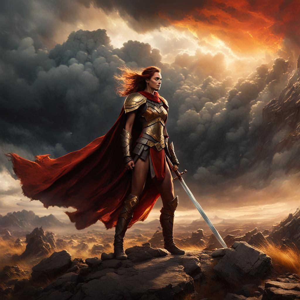 Fierce Warrior Girl in Battlefield, Fantasy Art Style