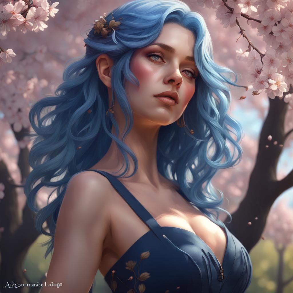 Blue-Haired Girl Dancing in Cherry Blossom Forest