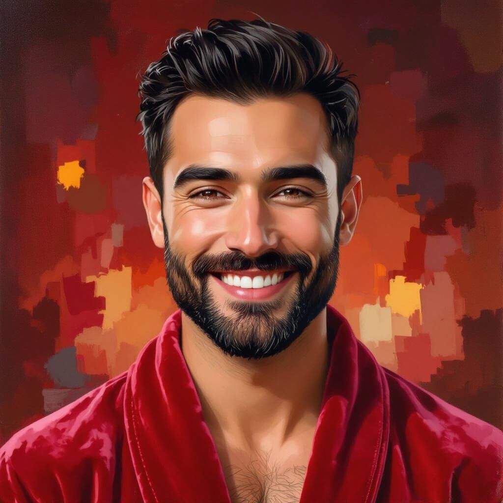 Handsome Man in Velvet Robe: Impasto Oil Painting