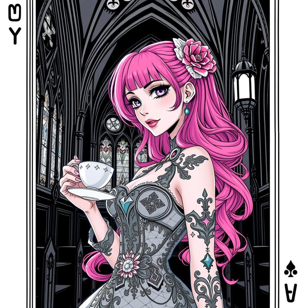 Woman Sips Tea in Gothic Church, Manga Scan Art