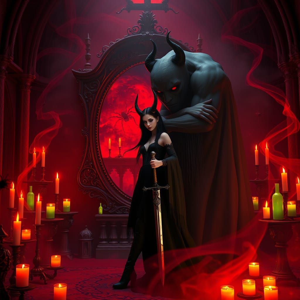 Gothic Princess in Red Lit Church with Magic