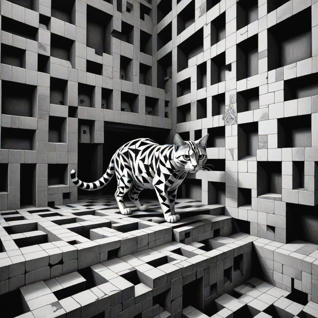 Escher-Style Cat Illusion in Monochrome