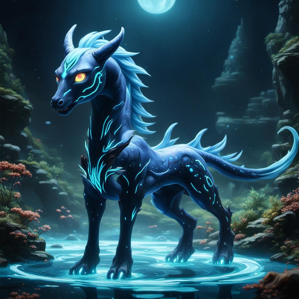 Bioluminescent Porcelain Kelpie: Detailed Fantasy Art