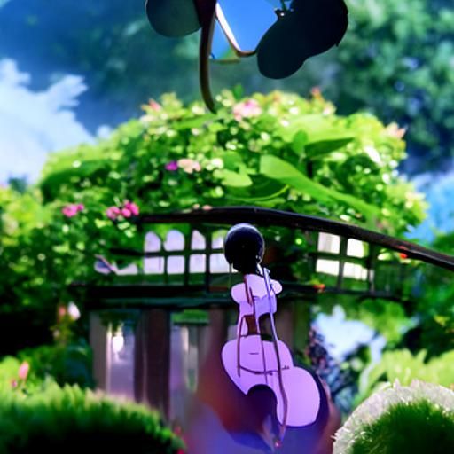 Anime Girl with Violin in Ghibli Style Garden