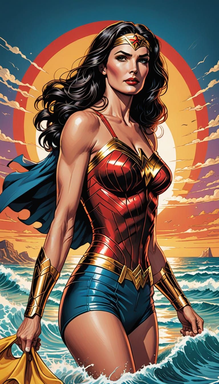 Wonder Woman Beach Bum in Retro Comic Book Style