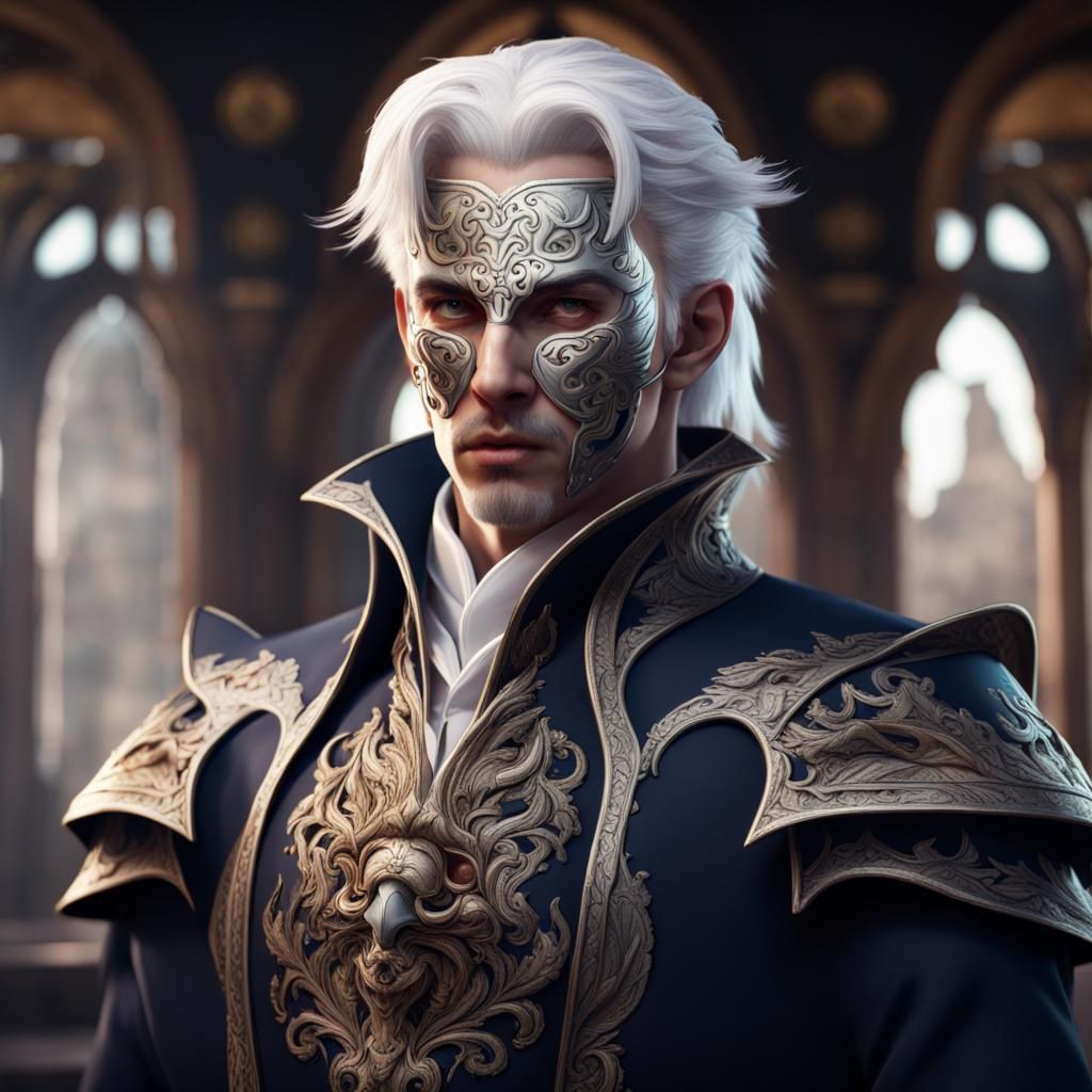 White-Haired Lord with Porcelain Mask, Fantasy Art