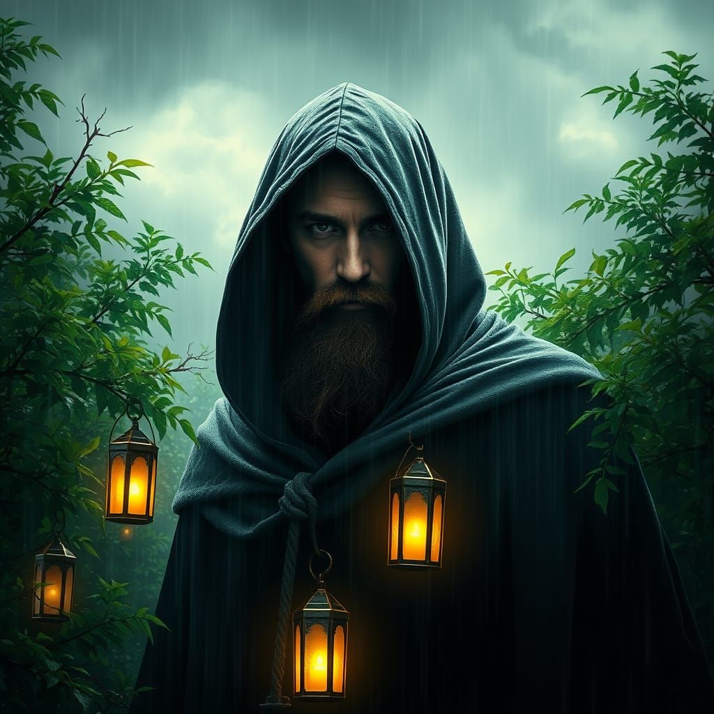 Ethereal Hooded Figure in Mystical Rainforest