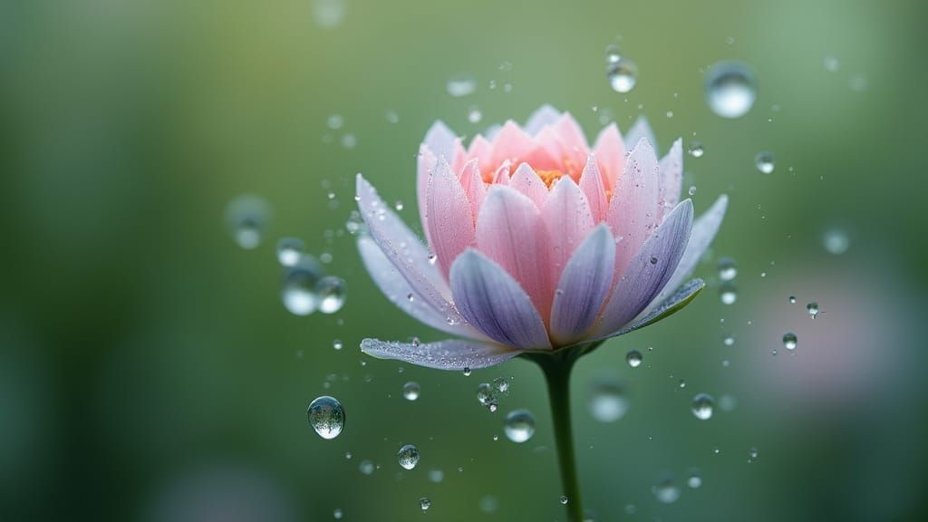 Surreal Impressionist Painting of a Tiny Flower in a Raindro...