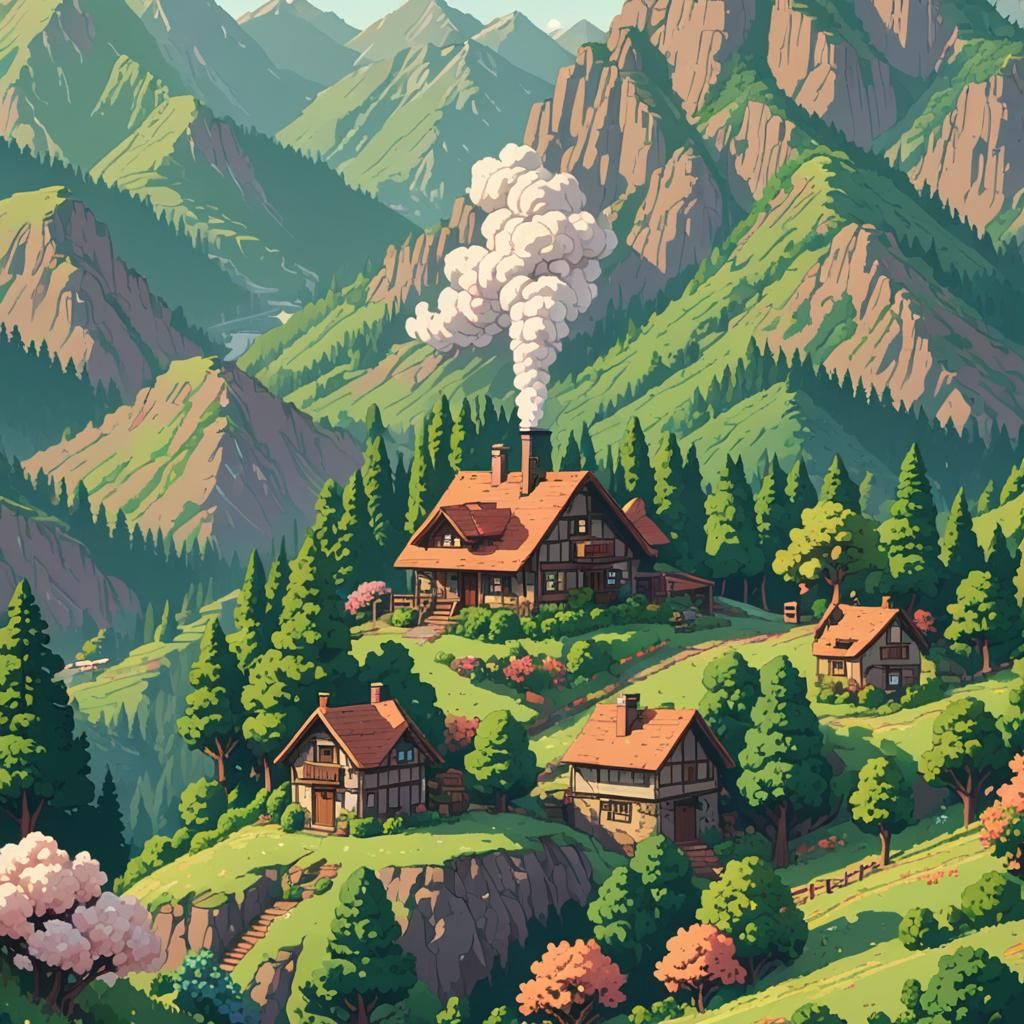 Pixel art of a lodge in the mountains