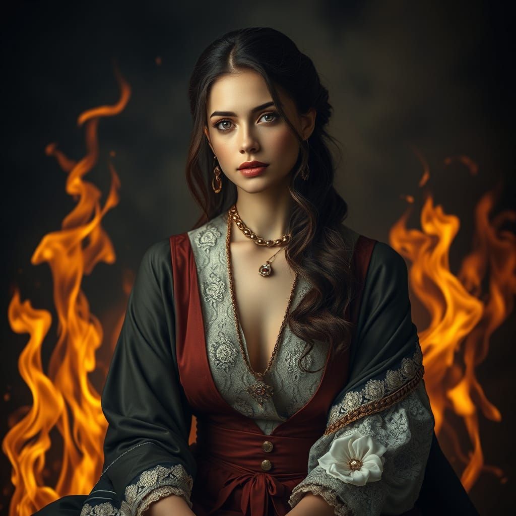 Woman Surrounded by Flames: Hyperrealistic Digital Portrait