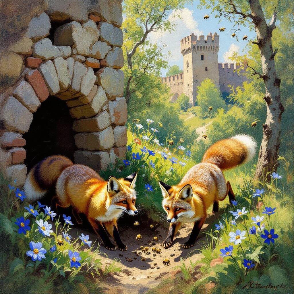 Grey Foxes Hunting Near Ancient Fort as Oil Painting