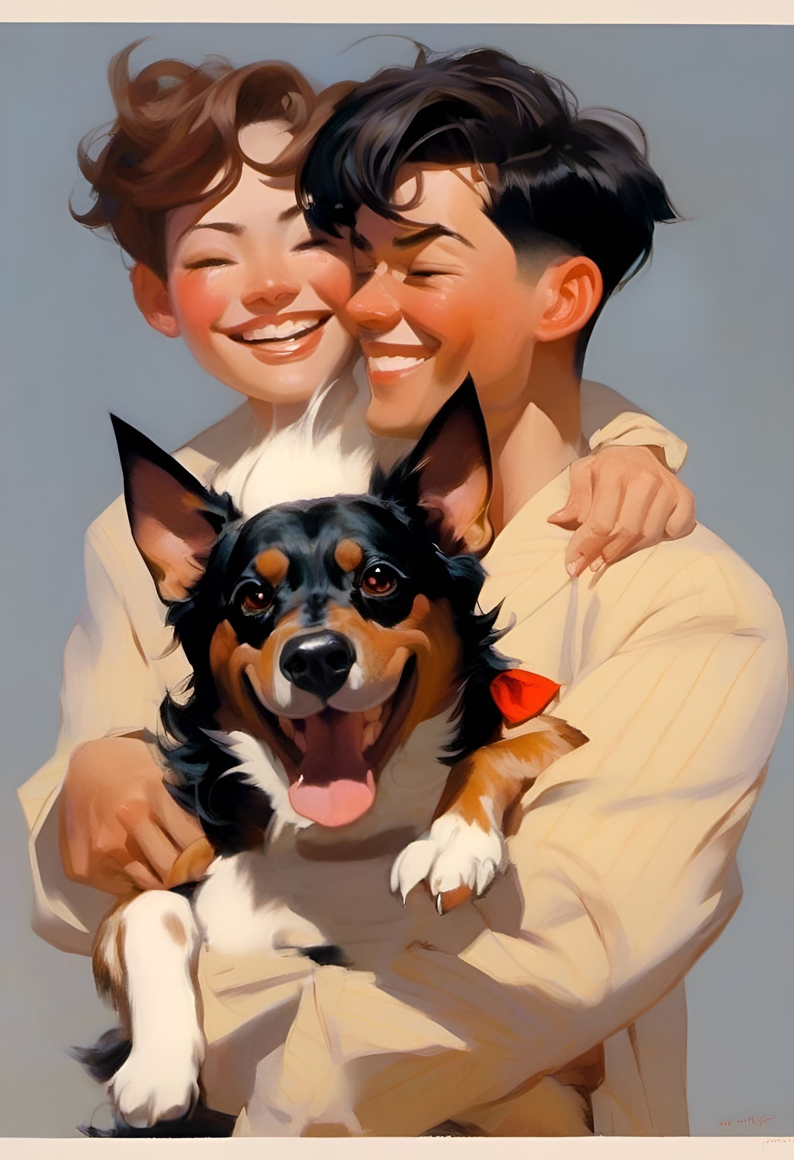 Laughing Couple with Dog in Anime Style