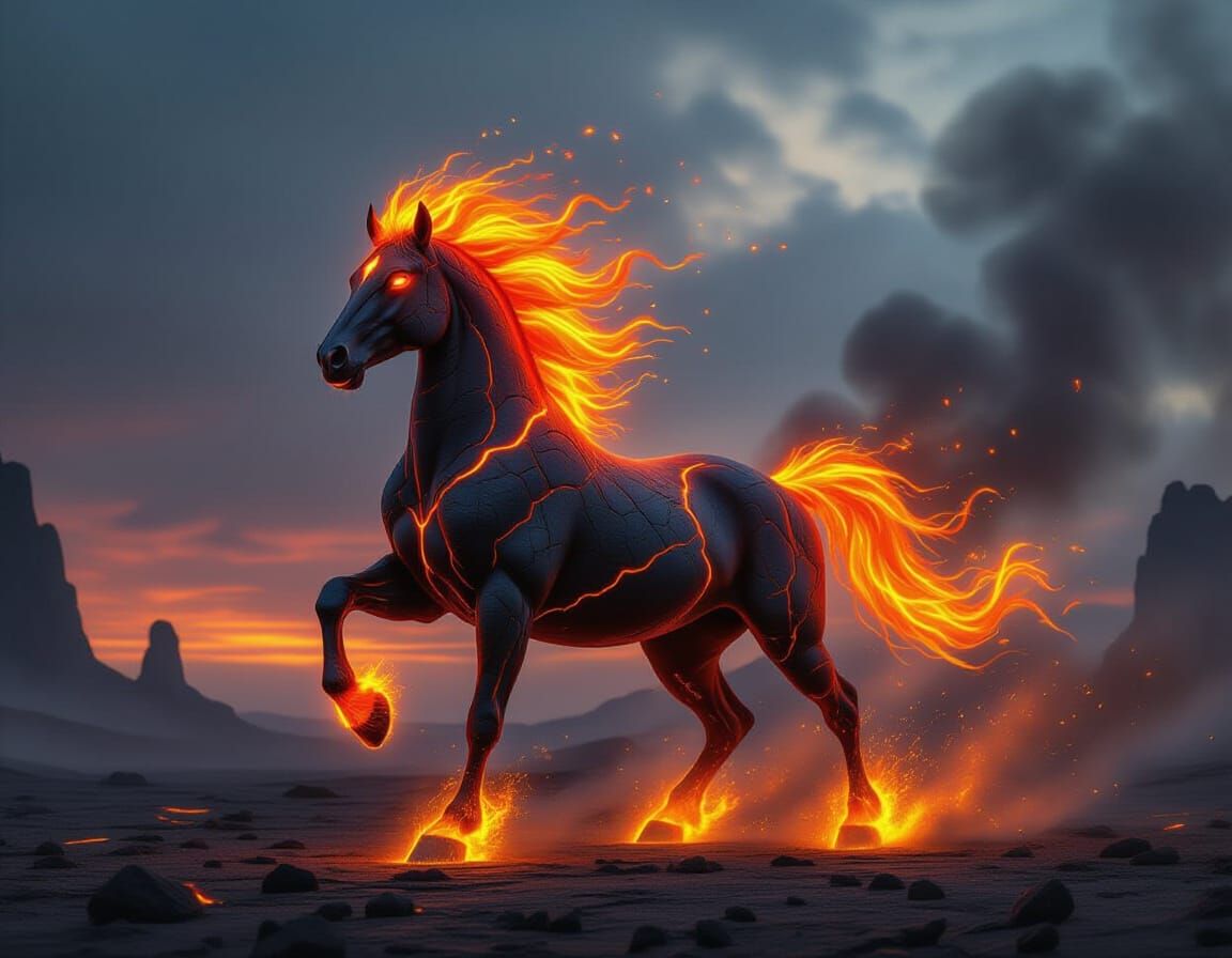 Mythic Fire Horse Gallops Through Fiery Landscape