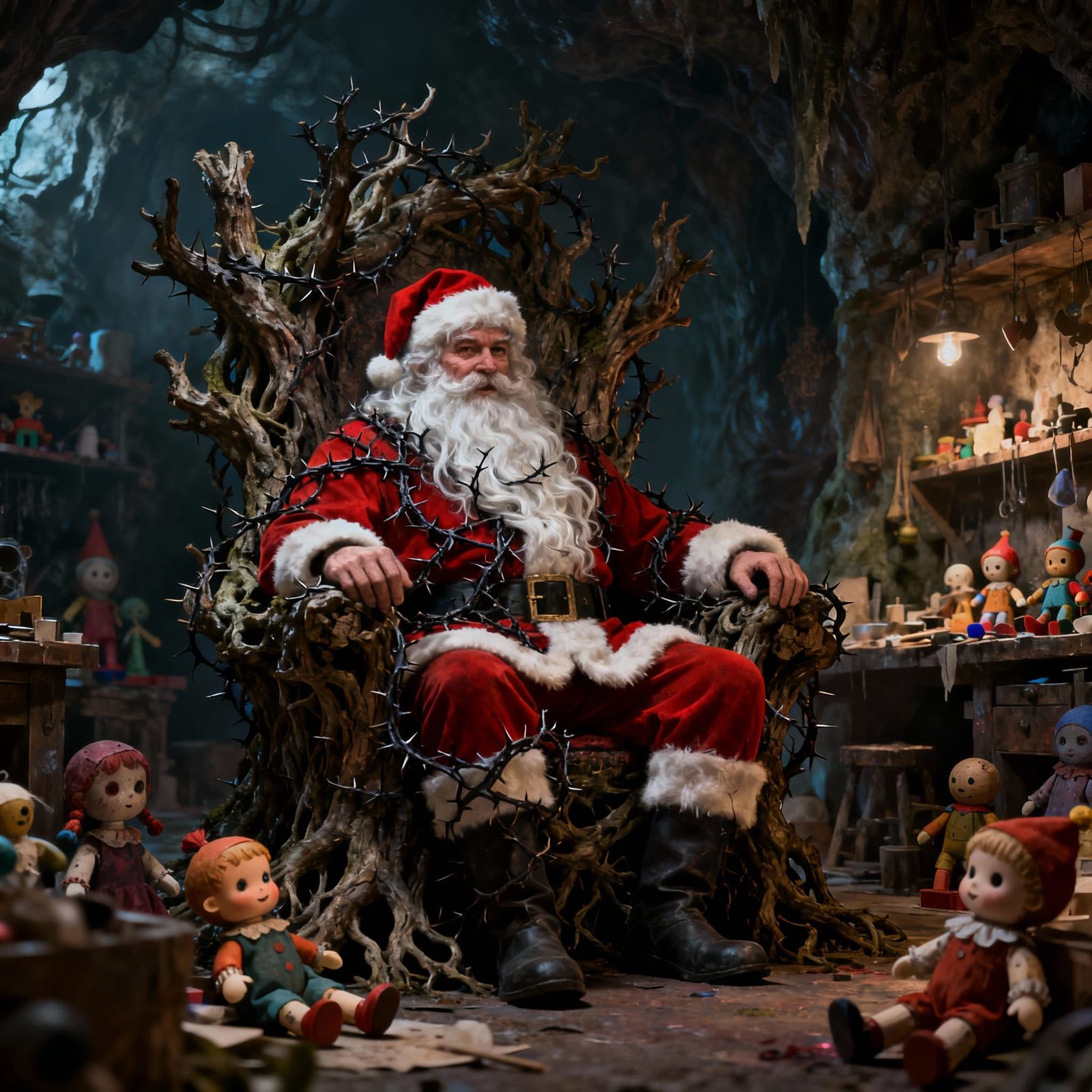 Santa Claus, depicted in a gothic art style, sits on a throne made of gnarled, ancient roots within a dimly lit, caverno...