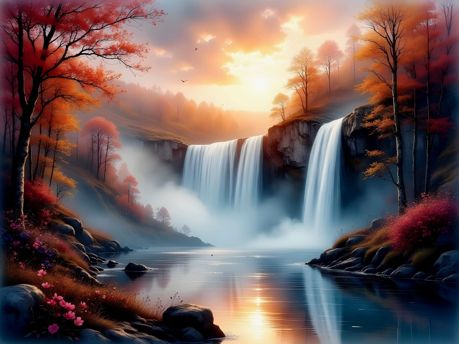 Intricate Autumn Lake and Waterfall Scene