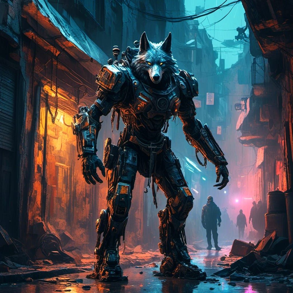Cyberpunk Wolf Warrior in Neon Alley