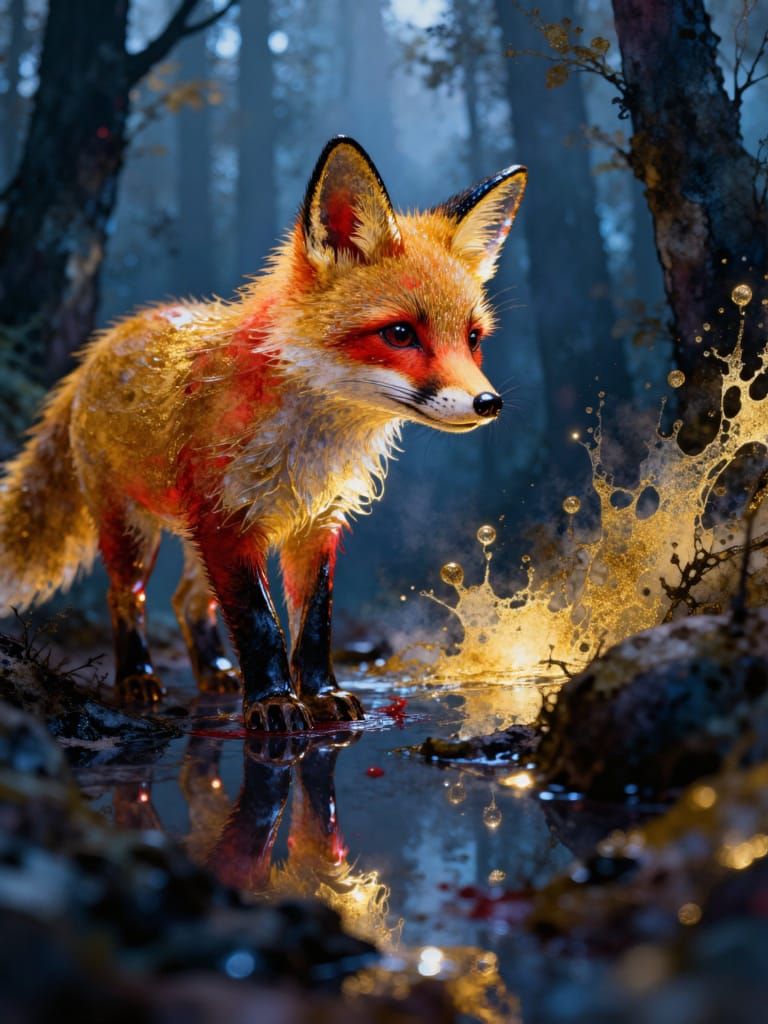 Cute Fox Gazes at Reflection in Dimly Lit Waterbank