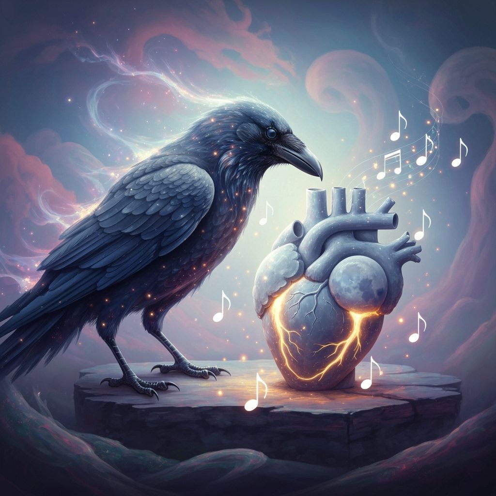 Ethereal Smoke Crow Contemplates Moonlight Heart Sculpture