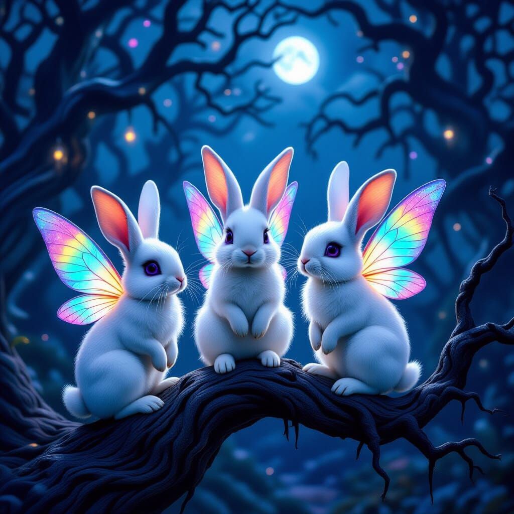 Burton-esque Fairy Rabbits in Moonlit Gothic Forest