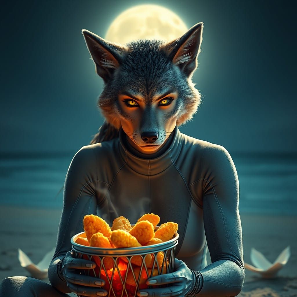 Werewolf Surfer Goddess Under Full Moon