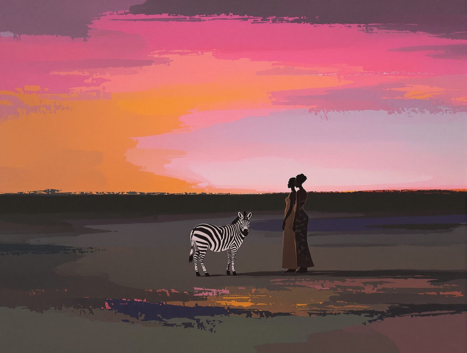 African Women and Zebra in Minimalist Abstract Landscape