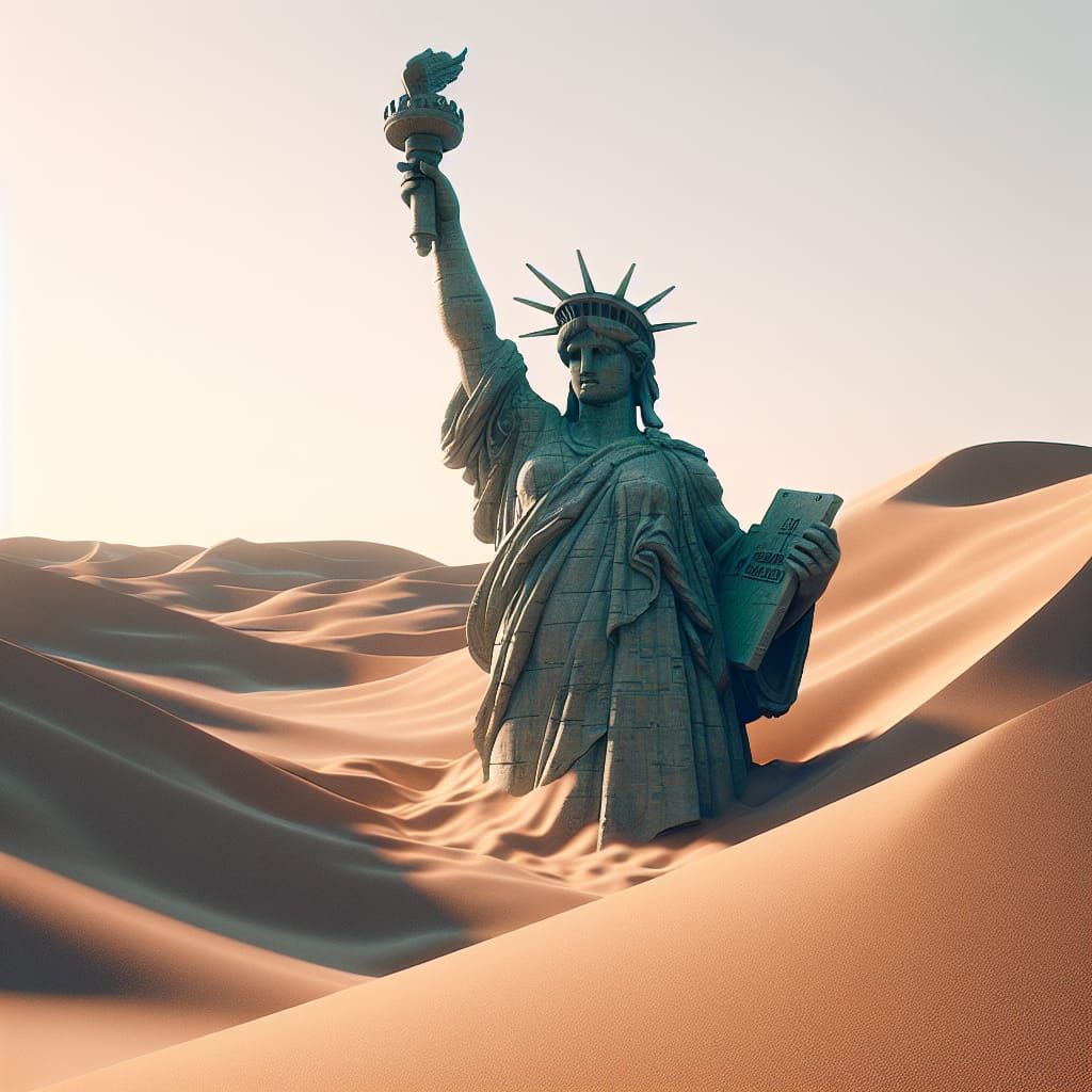 Liberty Statue Rises from Arid Dune Planet