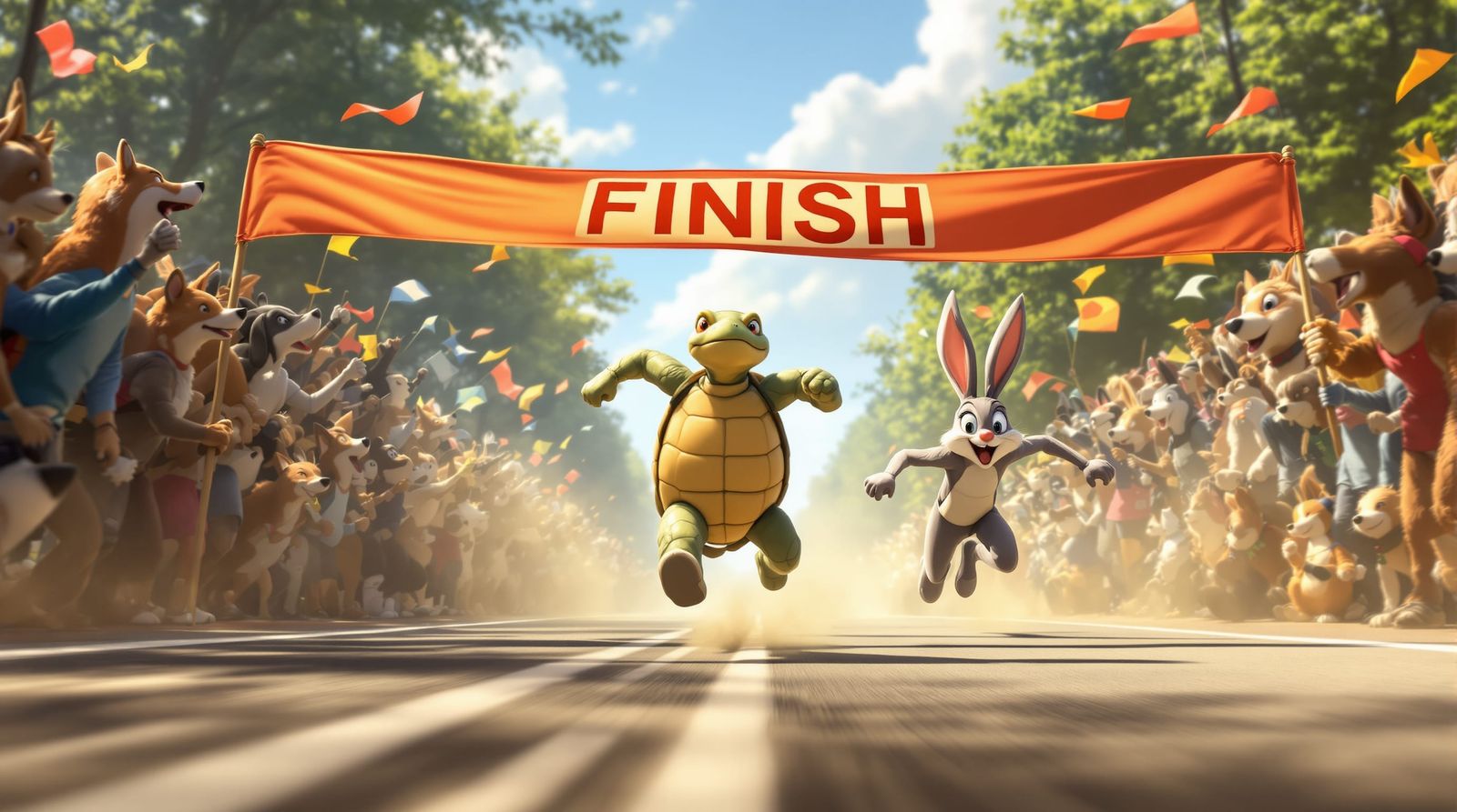 Tortoise Wins Race Against Hare in Cinematic Illustration