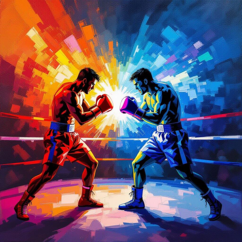 Faith vs Doubt Boxing Match in Neo-Impressionist Style