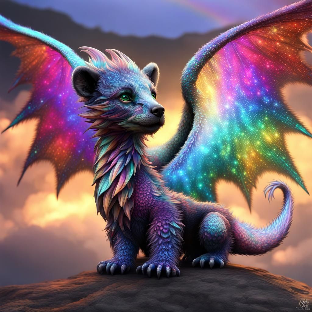 Winged Dragon Bear Cub with Fractal Rainbow Fur