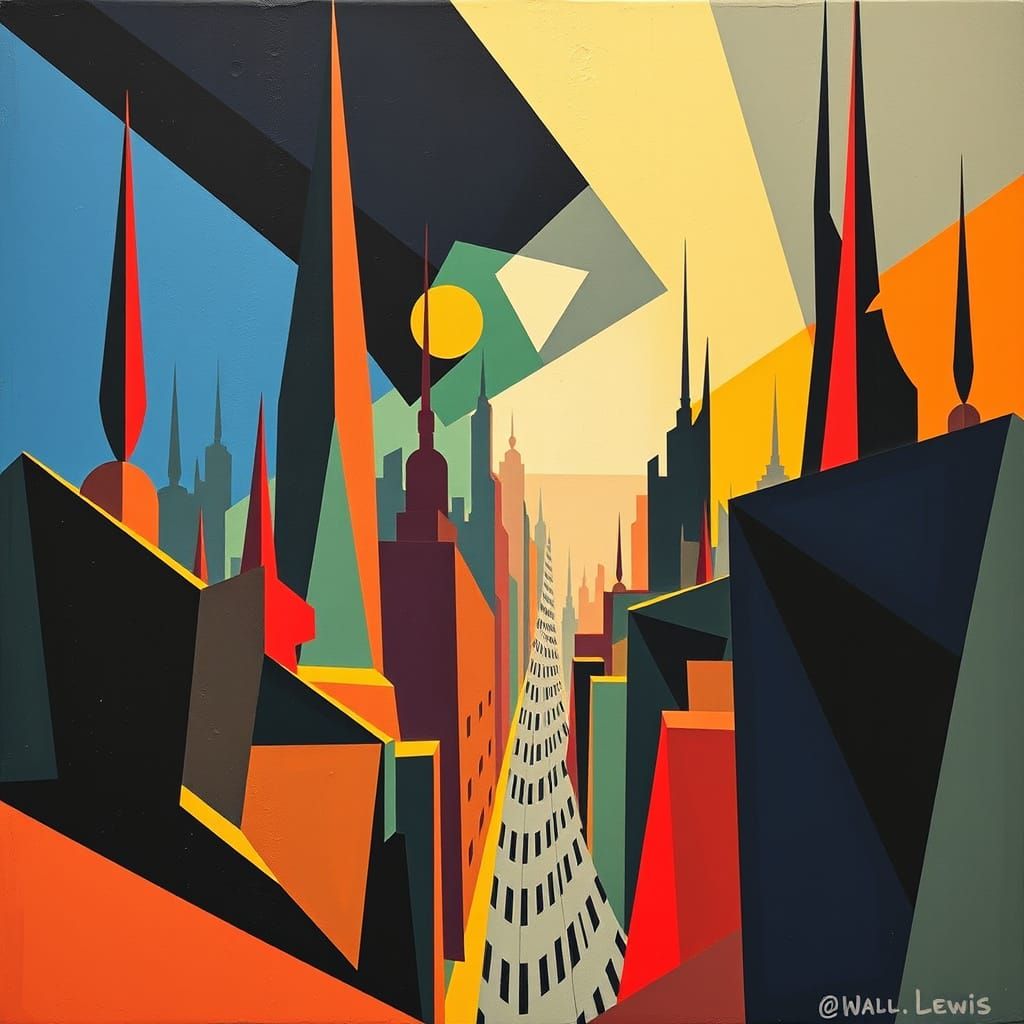 Vorticist Cityscape in Bold Geometric Style
