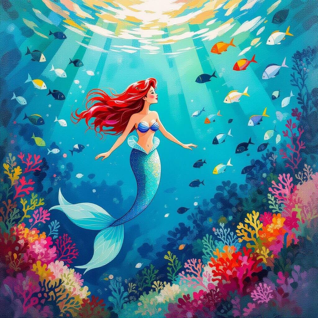 Mermaid Underwater in Gouache Impressionist Style