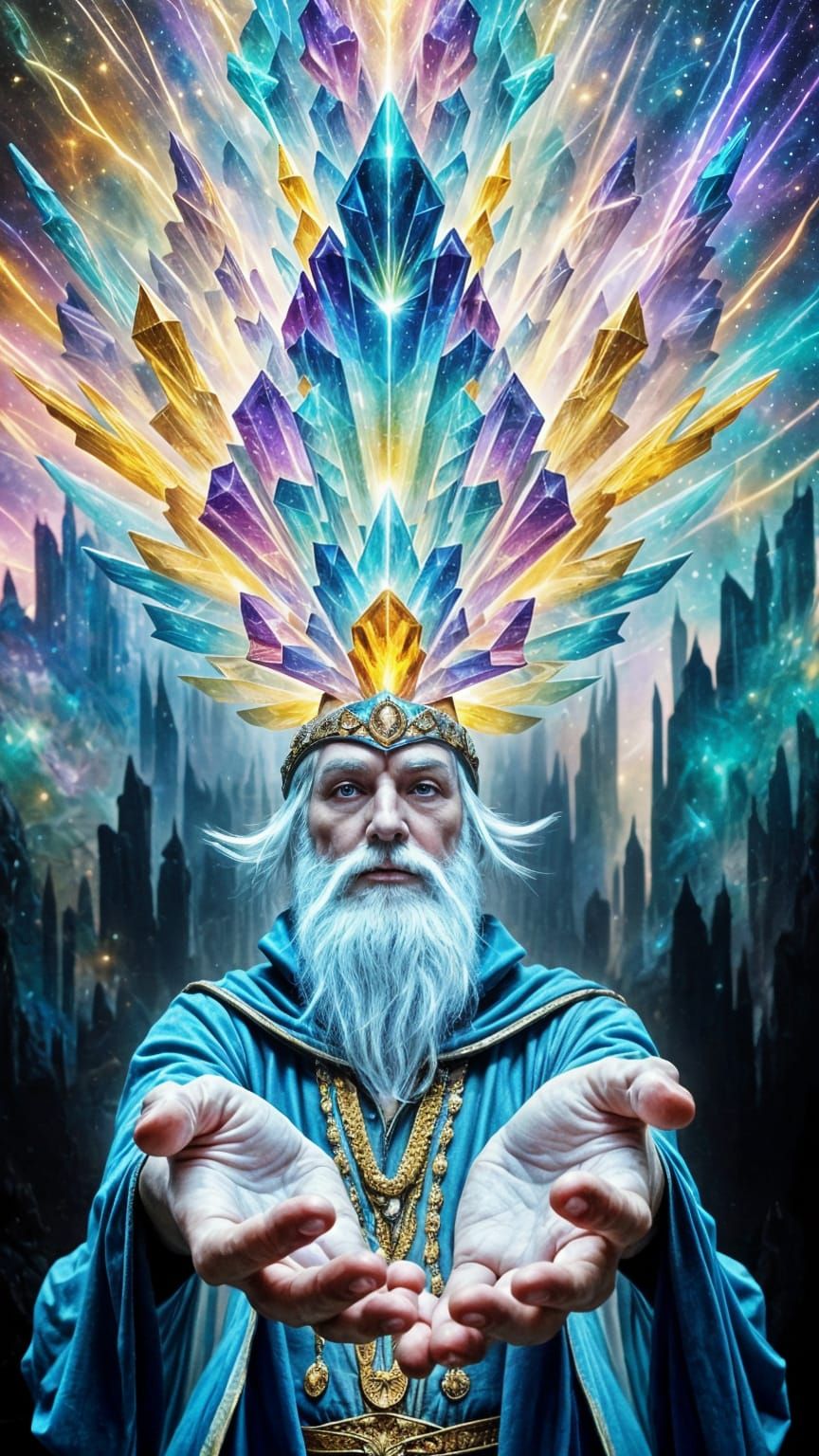 Ethereal Wizard Merlin Amidst Radiant Crystals