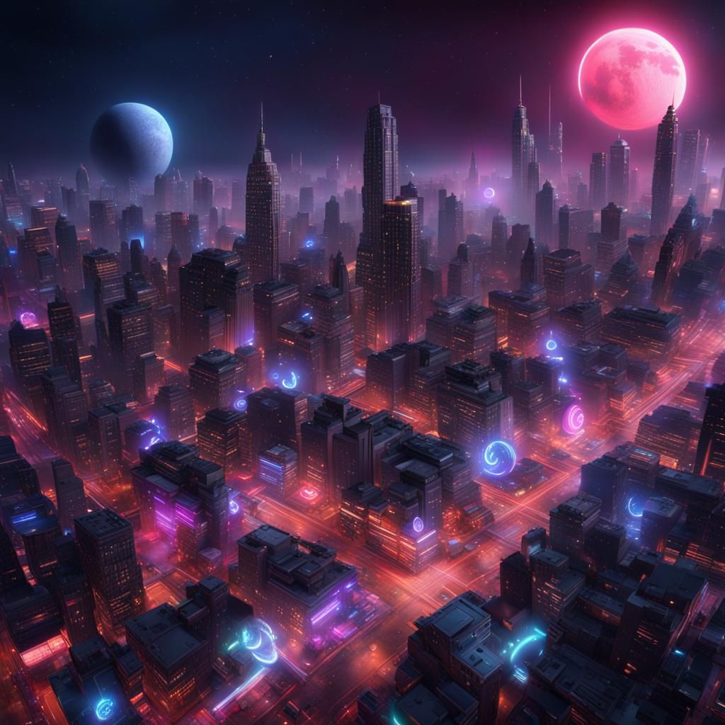 Neon Cityscape with Colliding Moons, 3D Render