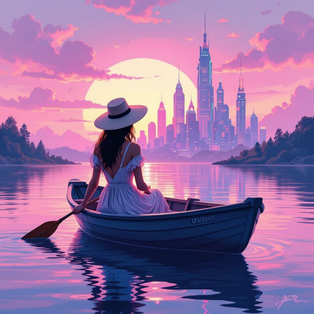 Farm Lady and Cyberpunk City at Sunrise