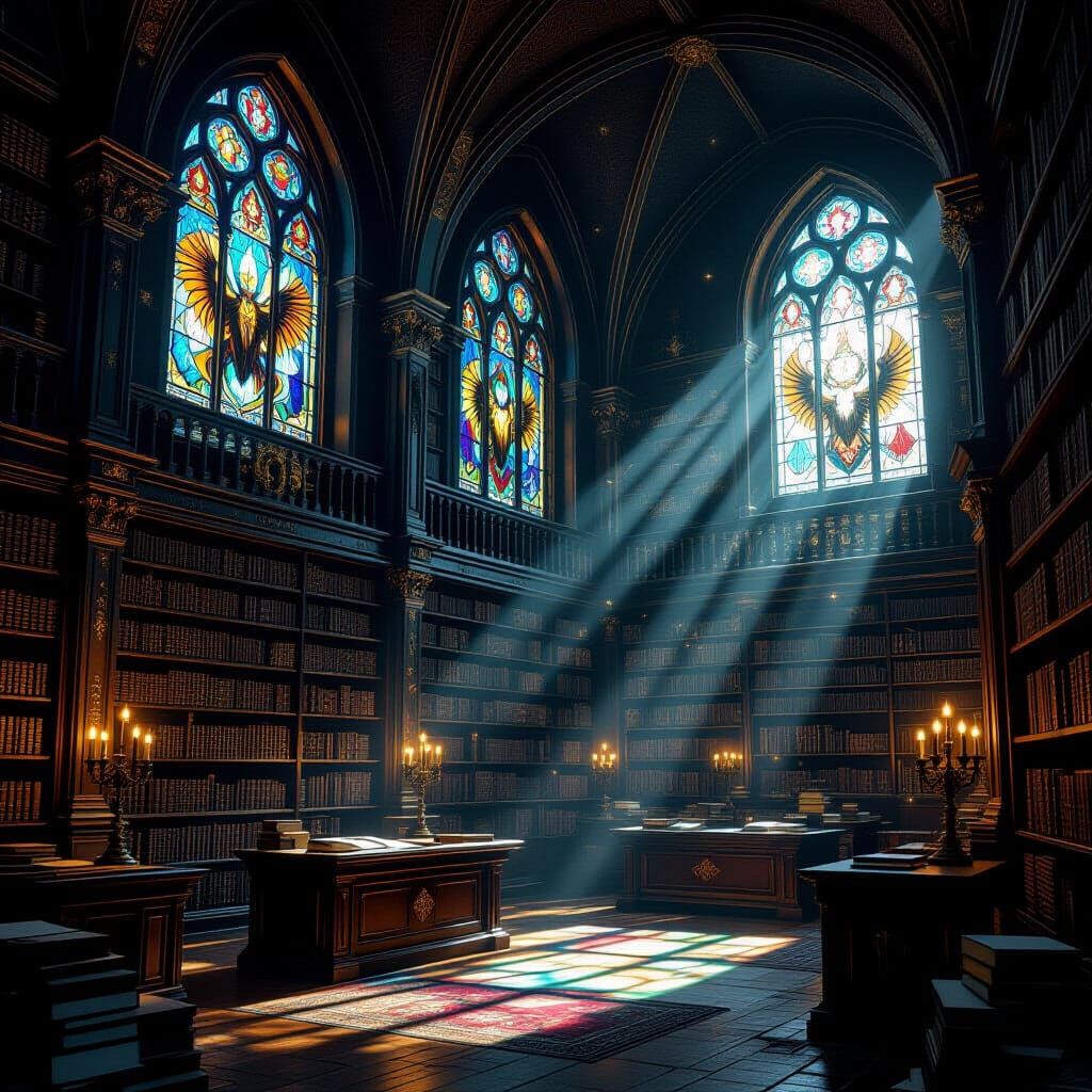 Ancient Wooden Library With Glowing Runes