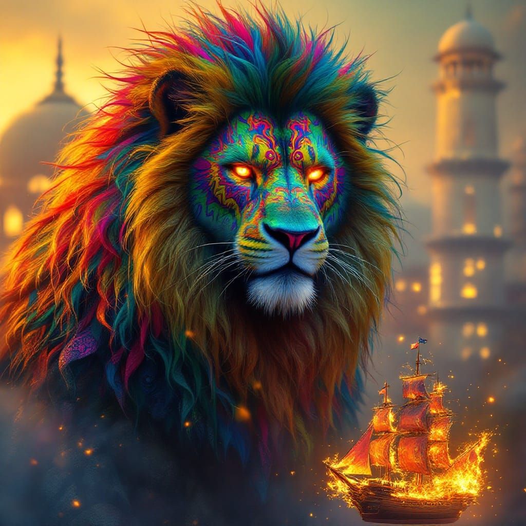 Majestic Warlock Lion Humanoid in Vibrant Taj Mahal Graffiti