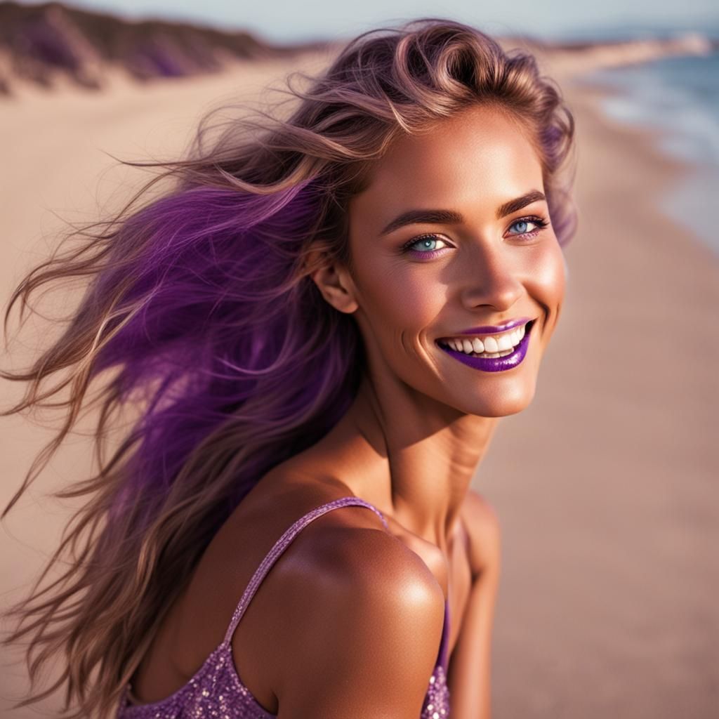Sensual Tanned Woman with Purple Hair on Beach