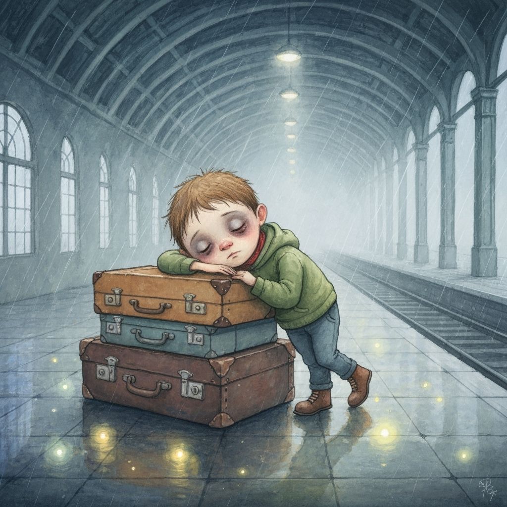 Sleepy Boy Naps on Suitcases in Whimsical Train Station