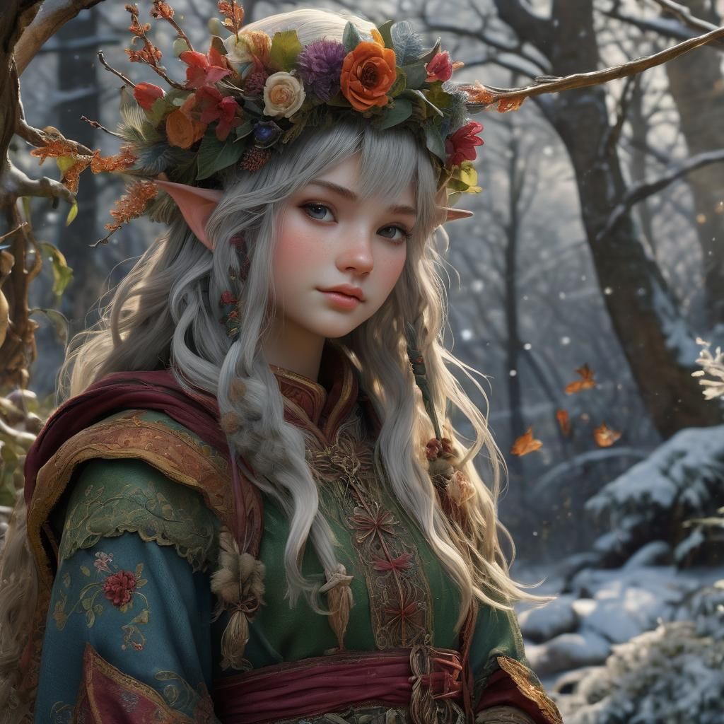 Winter Flower Elf: Detailed Fantasy Art