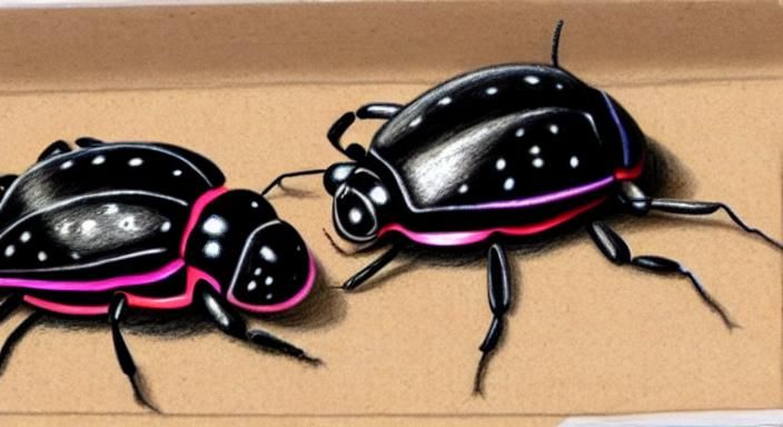 Black and Pink Beetles Crawling on Cardboard
