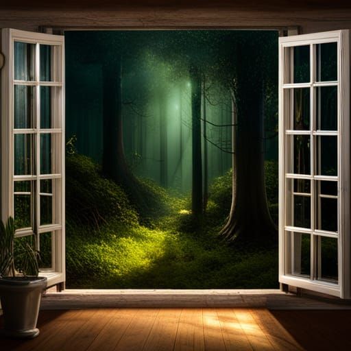 Mystical Forest Night View with Wolf, Digital Art