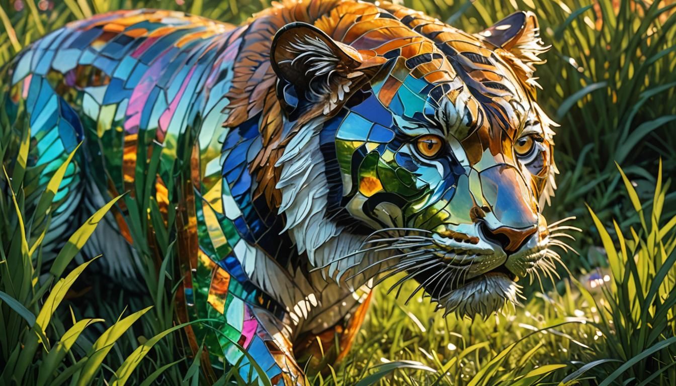 Enameled Glass Tiger Portrait in Art Nouveau Style