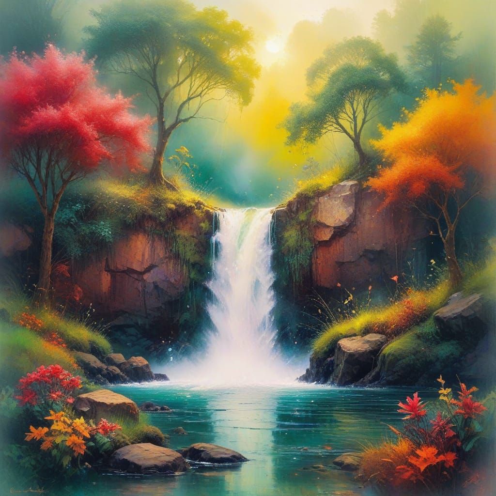 Vibrant Waterfall in Australian Oil Painting Style
