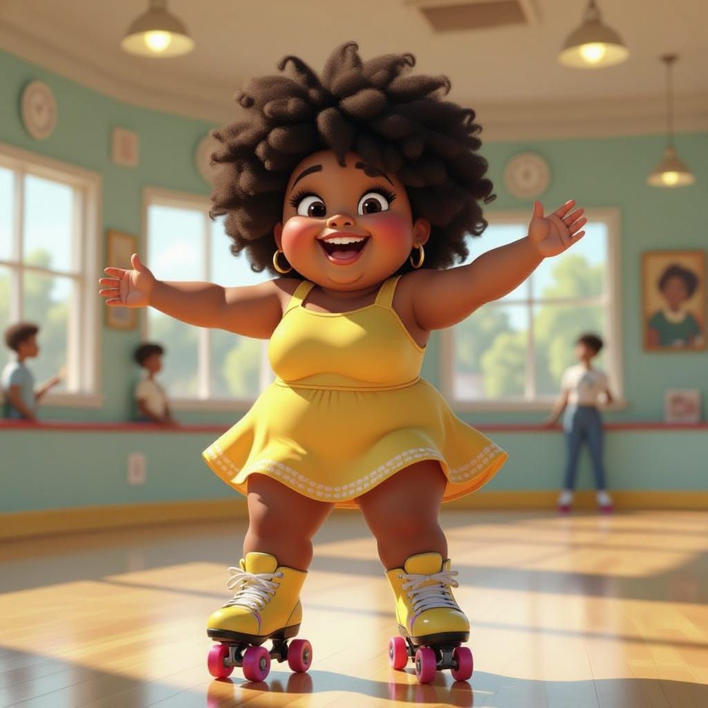 Joyful Black Girl Roller Skating: Pixar-Inspired Animation