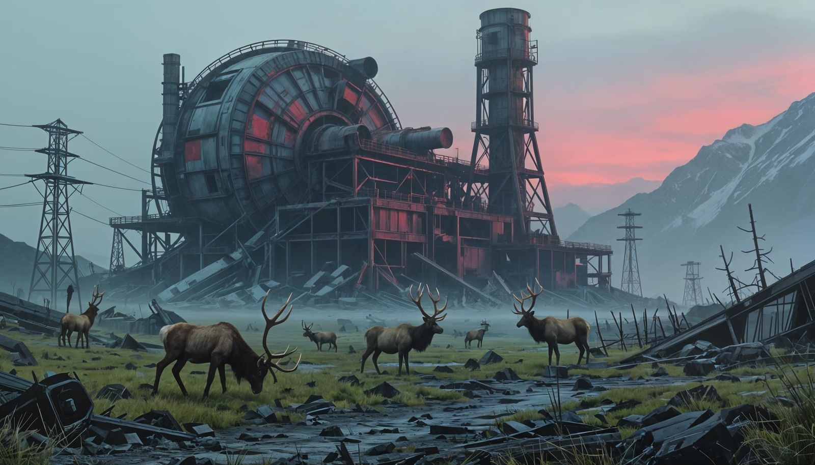 Post-Apocalyptic Nuclear Facility With Wildlife In 3D Style
